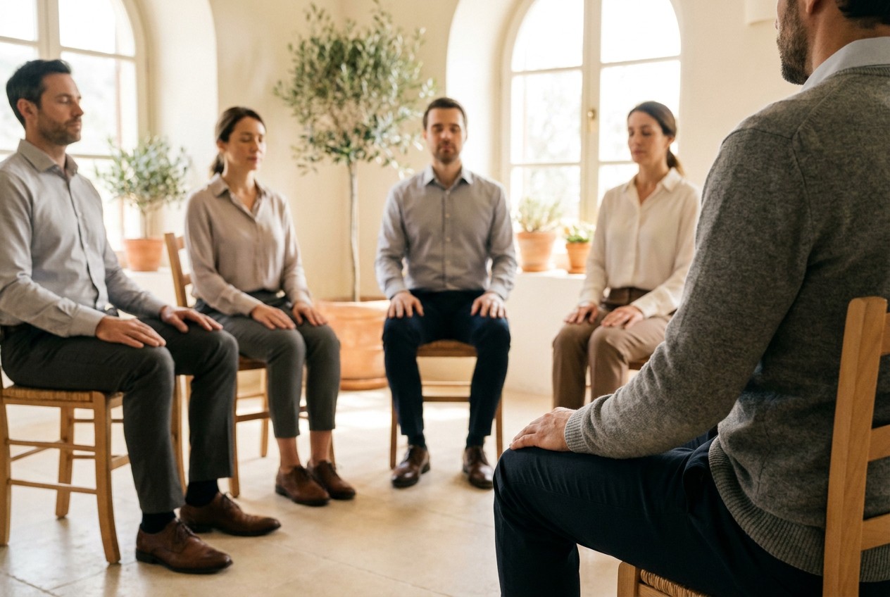 Cinco personas practican sentadas en sillas de madera, en círculo, con los ojos cerrados y las manos apoyadas sobre los muslos, en una sala luminosa con olivos en macetas