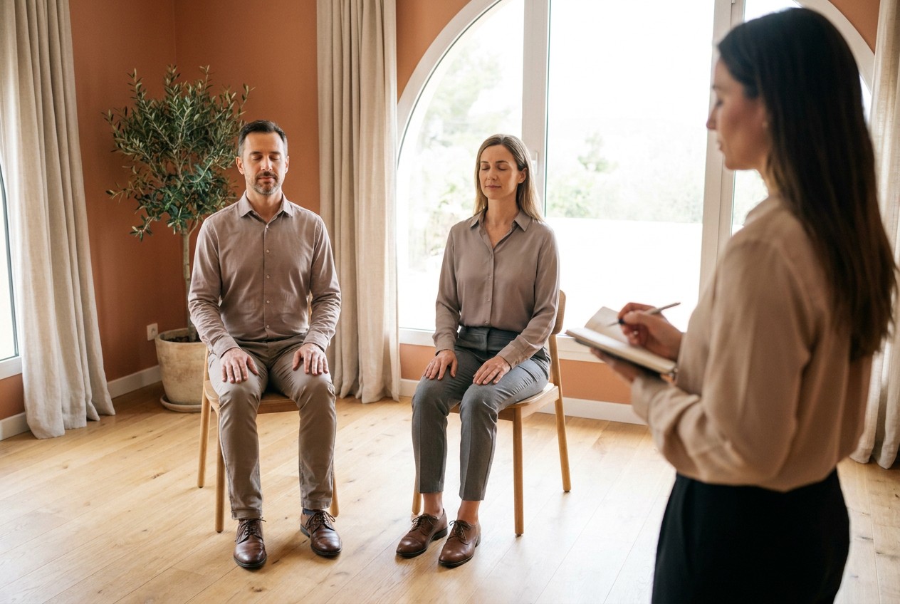 Dos personas practican sentadas en sillas, con los ojos cerrados y las manos sobre los muslos, mientras una sofróloga las acompaña de pie y toma notas