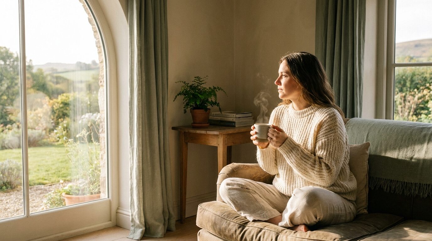 Mujer serena junto a una ventana sosteniendo una taza de té, luz matinal dorada, ambiente de bienestar cotidiano