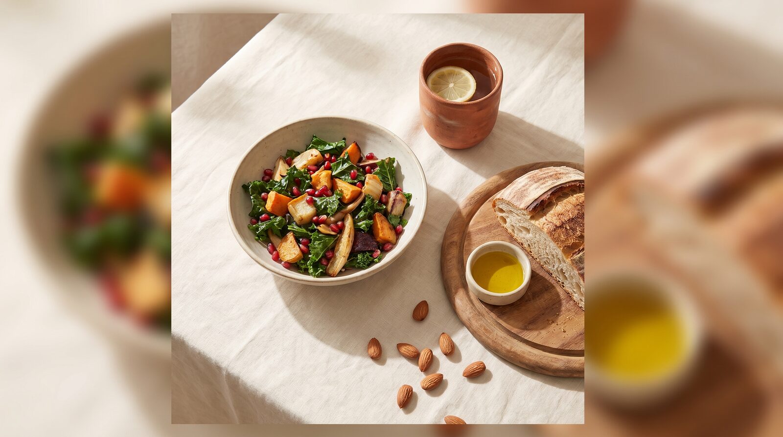 Bodegón cenital de una comida consciente: ensalada de hojas verdes, pan artesanal, aceite de oliva y almendras sobre un mantel de lino