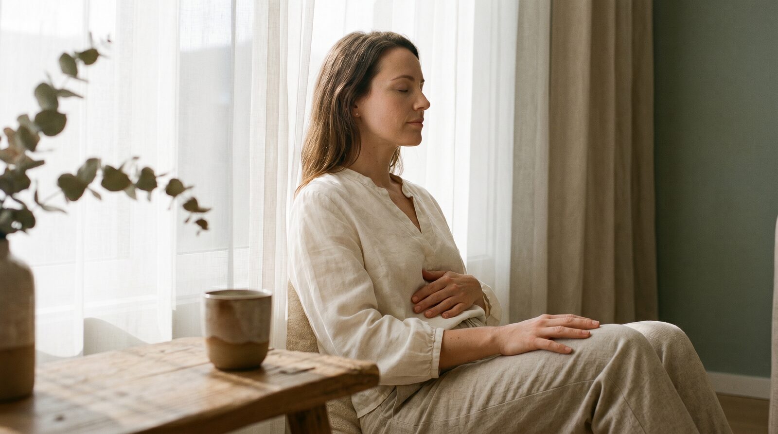 Mujer sentada junto a una ventana luminosa con la mano apoyada suavemente sobre el diafragma, practicando respiración consciente