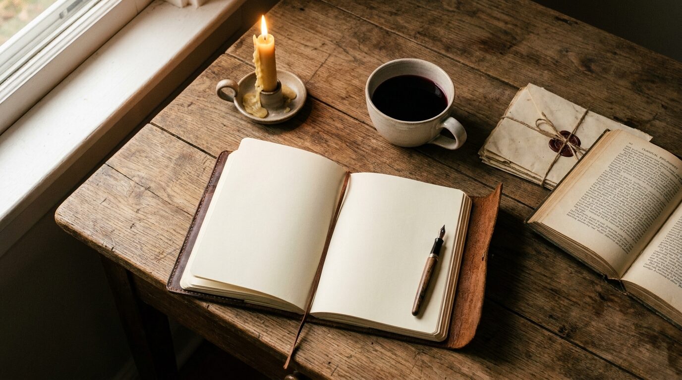 Escritorio de madera con cuaderno de cuero abierto, pluma estilográfica, vela encendida y cartas antiguas selladas