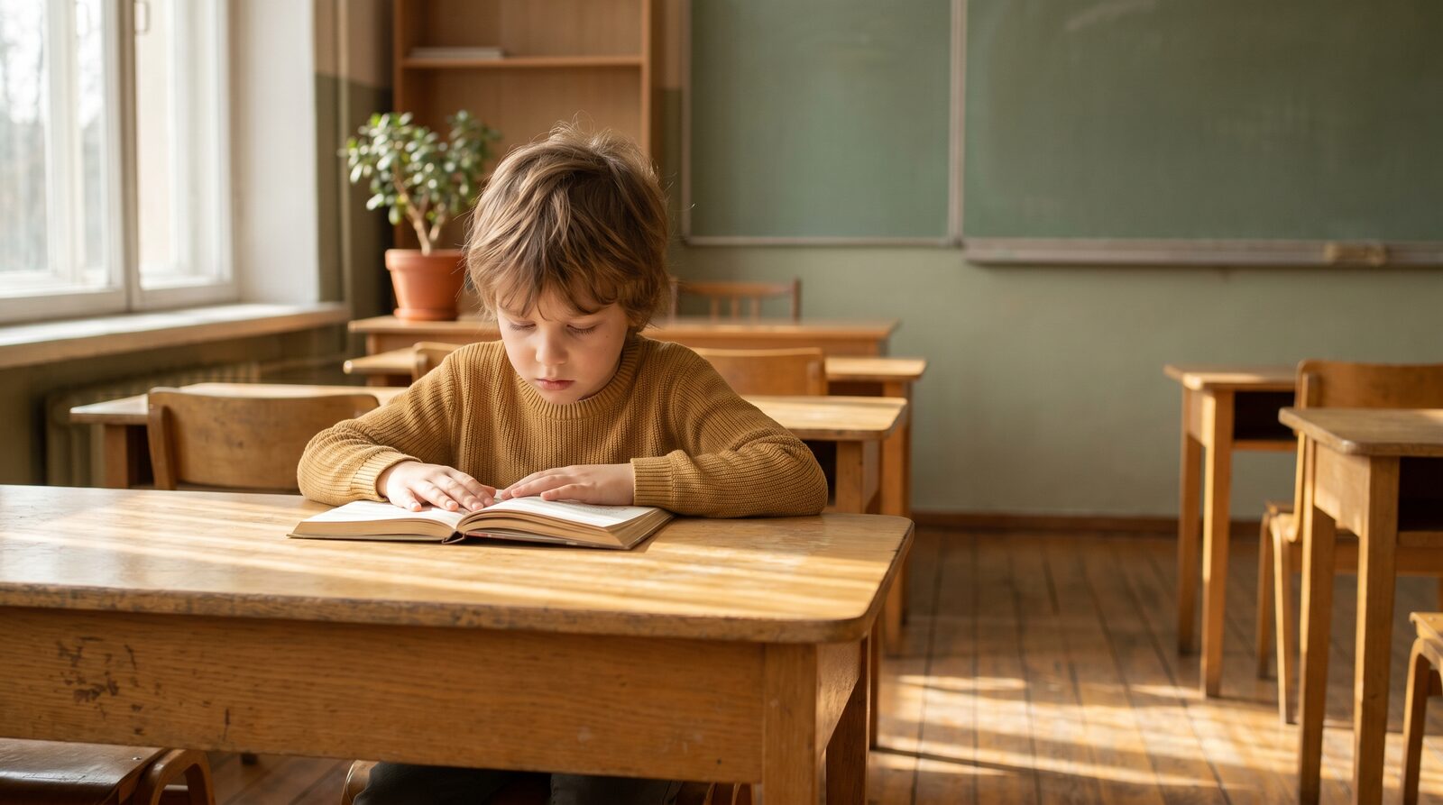 Niño de unos siete años concentrado leyendo un libro en un pupitre de madera en un aula luminosa