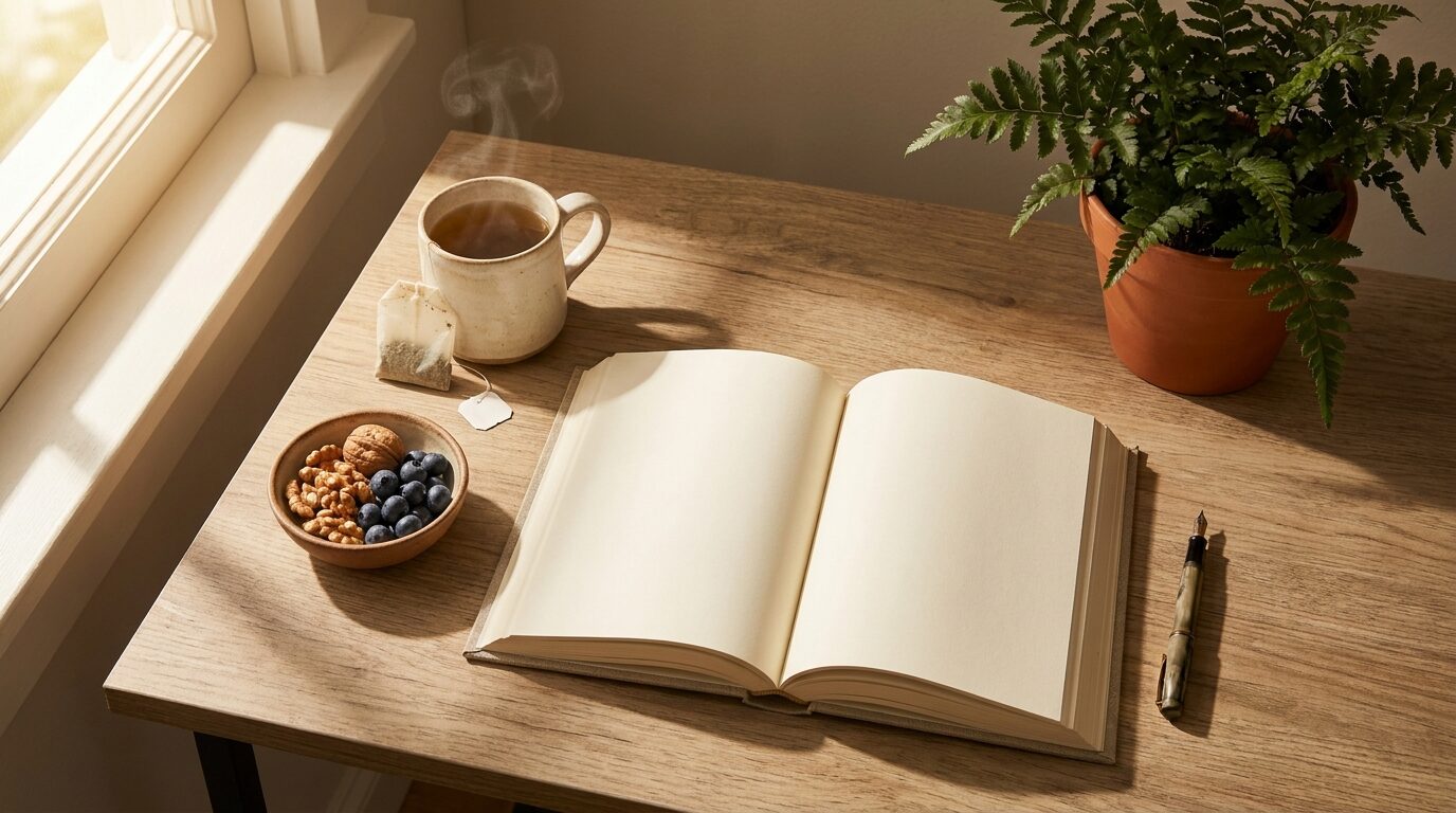 Bodegón editorial con libro abierto, taza de té, nueces y arándanos sobre un escritorio de madera con luz natural