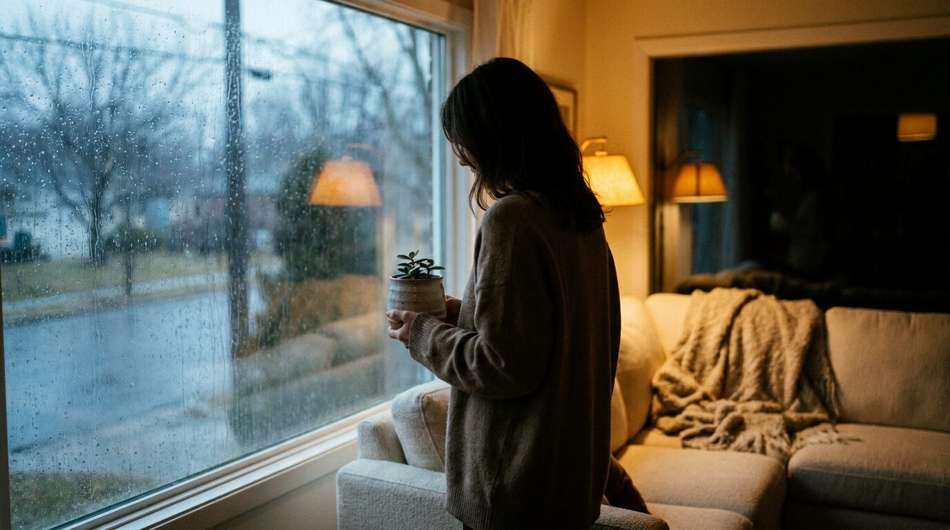 Mujer de perfil junto a una ventana con gotas de lluvia sosteniendo una pequeña planta en un interior cálido