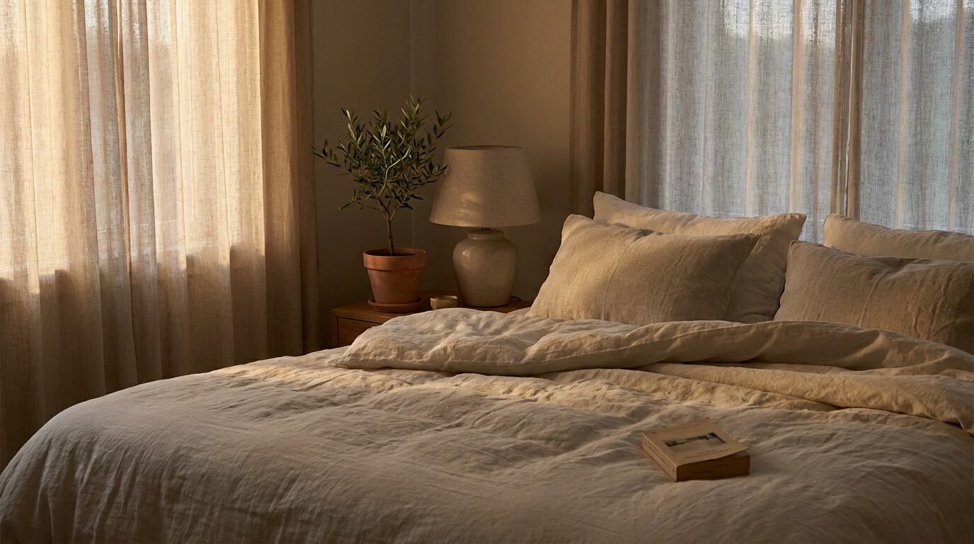 Dormitorio tranquilo con ropa de cama de lino y luz tenue que evoca el descanso y la importancia del sueño