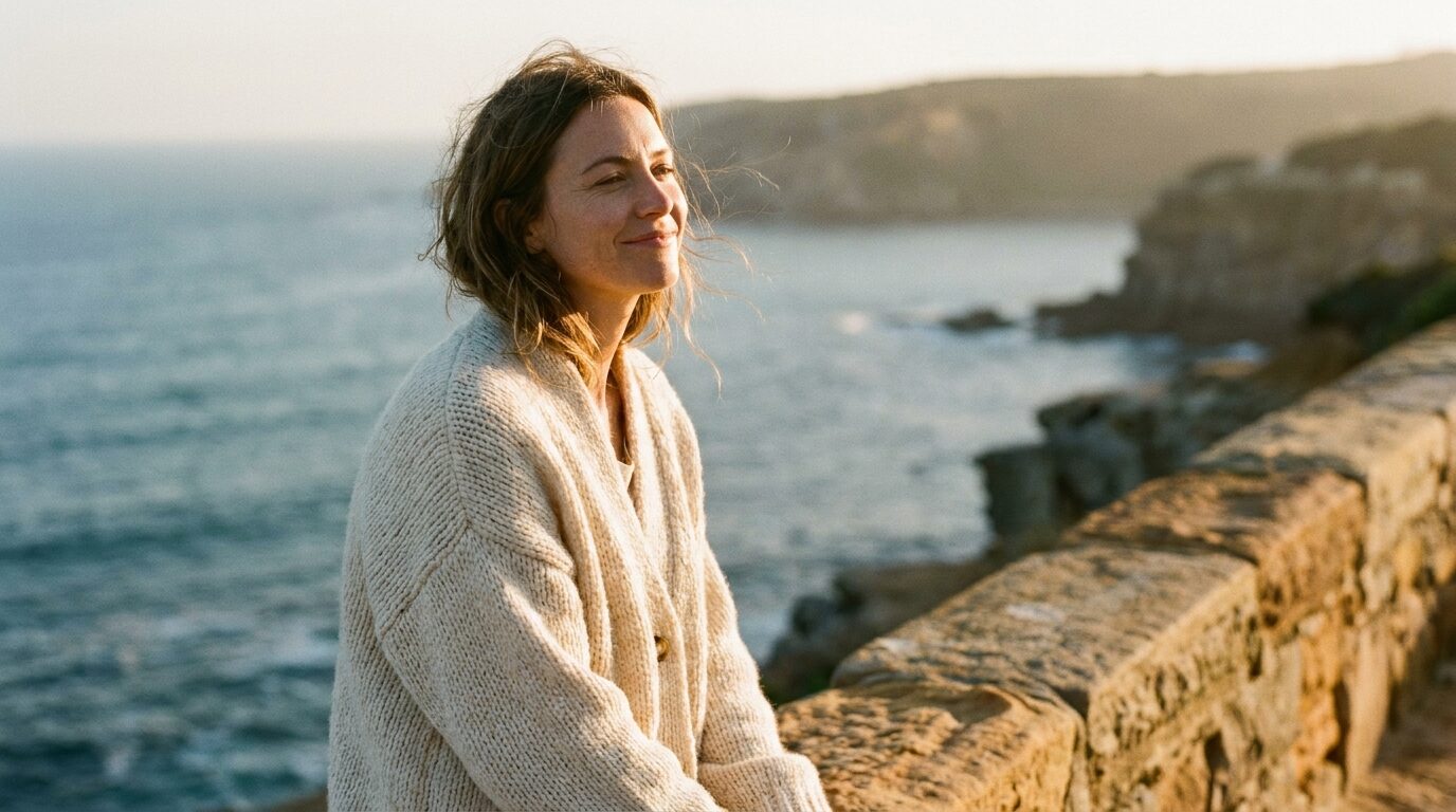Mujer en un muro de piedra junto al mar al atardecer, rostro girado al sol con una sonrisa de gratitud