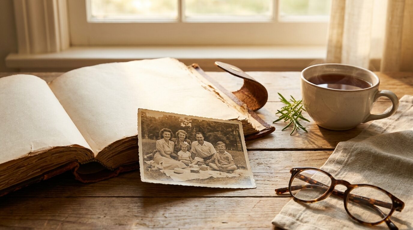 Álbum de fotos antiguo abierto sobre mesa de madera junto a una fotografía sepia y una taza de té, luz cálida