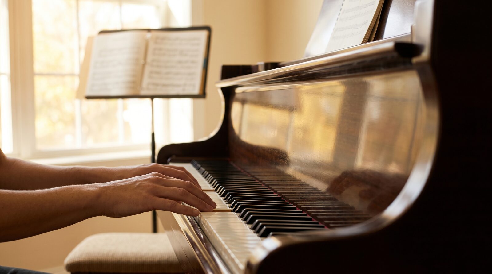 Manos reposando suavemente sobre las teclas de un piano de cola, con luz cálida entrando por una ventana