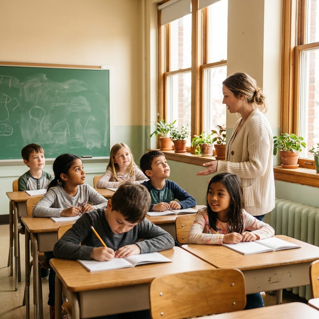 Aula de primaria con niños sentados en sus pupitres en un momento de calma grupal, la maestra al fondo junto a la pizarra