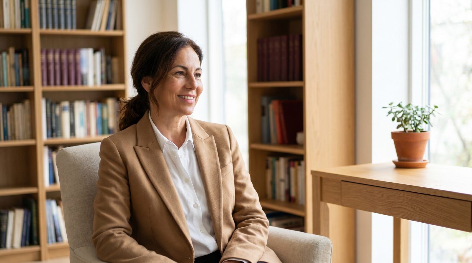 Doctora en estudio luminoso con estanterías de libros al fondo, en actitud de entrevista serena