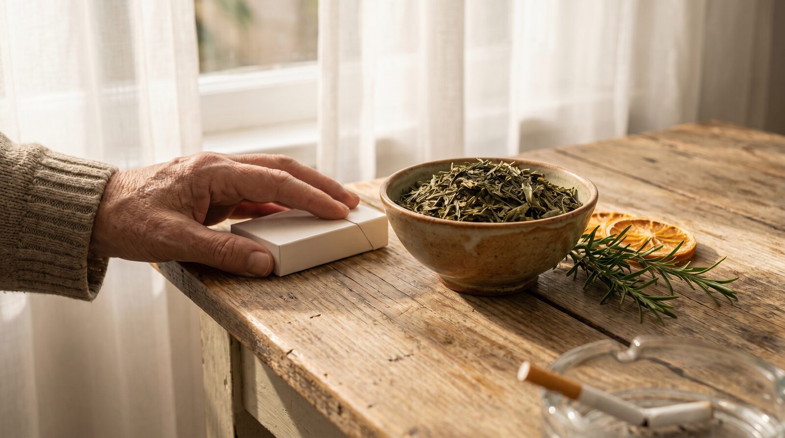 Mano apartando una cajetilla de tabaco sobre una mesa de madera junto a un cuenco de té verde, romero y naranja deshidratada