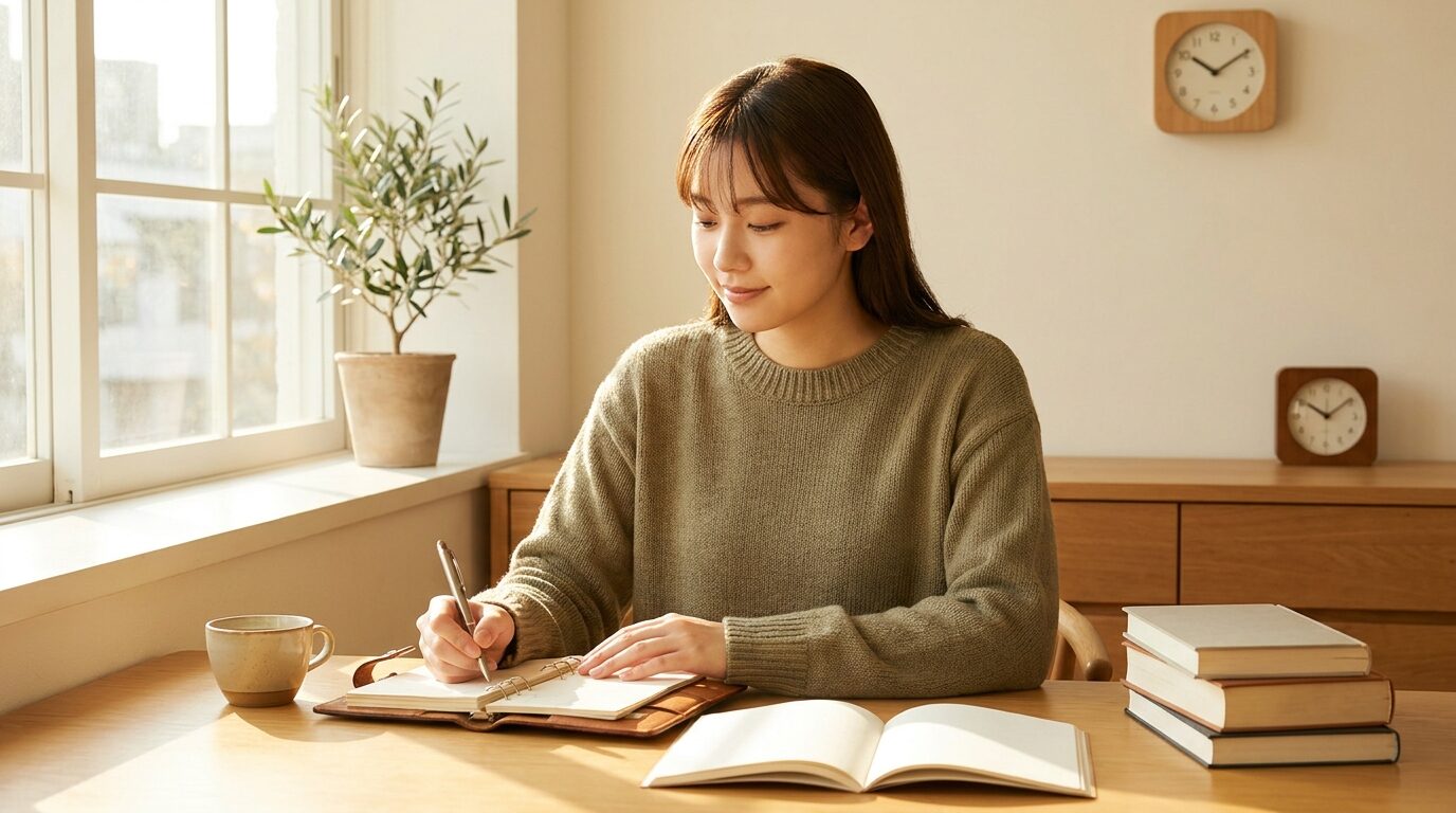Estudiante universitaria escribiendo con calma en una agenda junto a una ventana soleada, ambiente ordenado