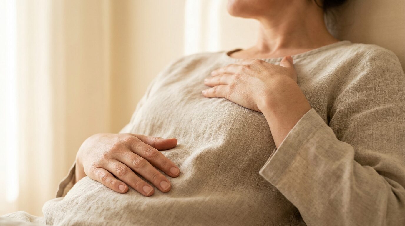 Primer plano de manos sobre el abdomen y el pecho de una mujer practicando respiración diafragmática consciente