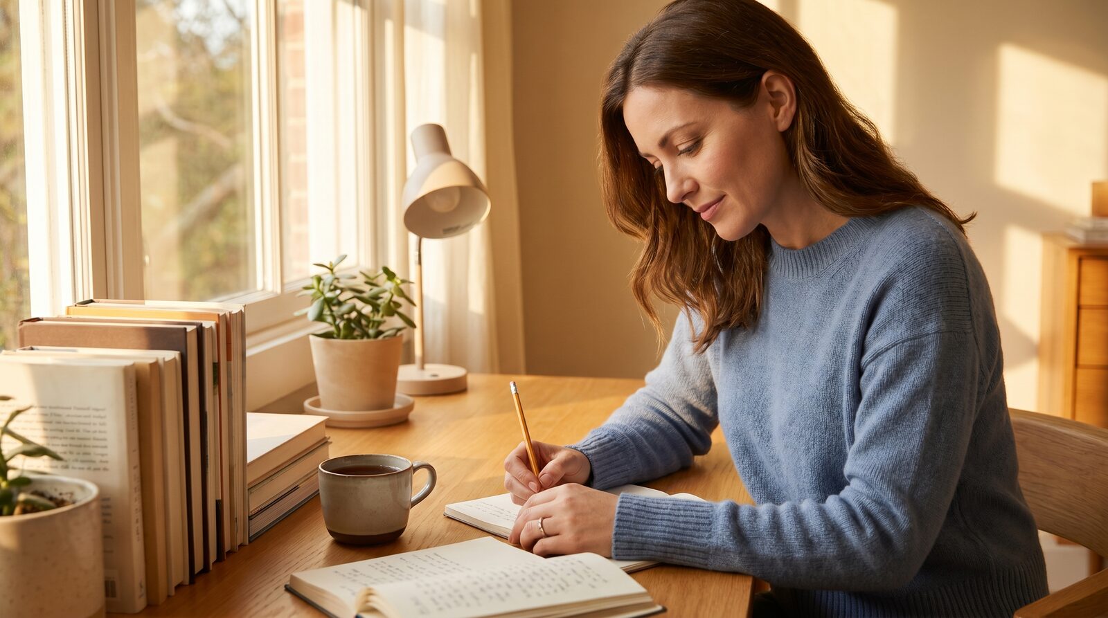 Estudiante adulta trabajando concentrada en un escritorio de madera con libros y una taza de té, luz cálida lateral