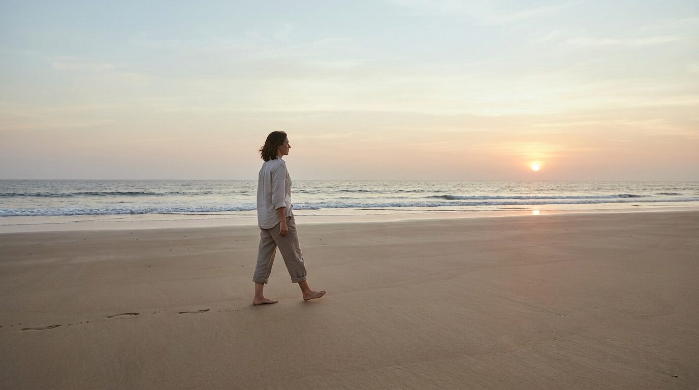 Figura solitaria caminando descalza por una playa amplia al atardecer con cielo suave en tonos pastel