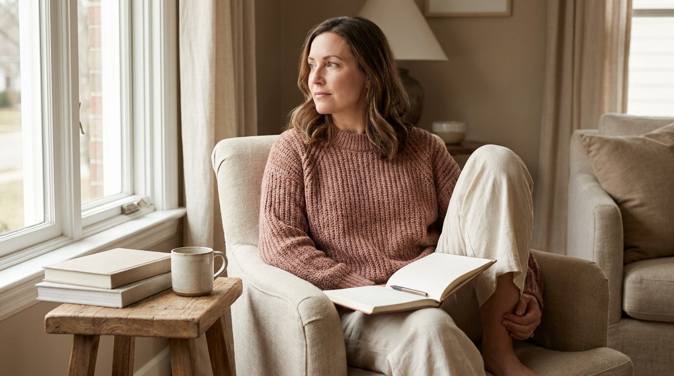 Mujer sentada en un sillón junto a una ventana hojeando un cuaderno en actitud reflexiva sobre sus hábitos diarios