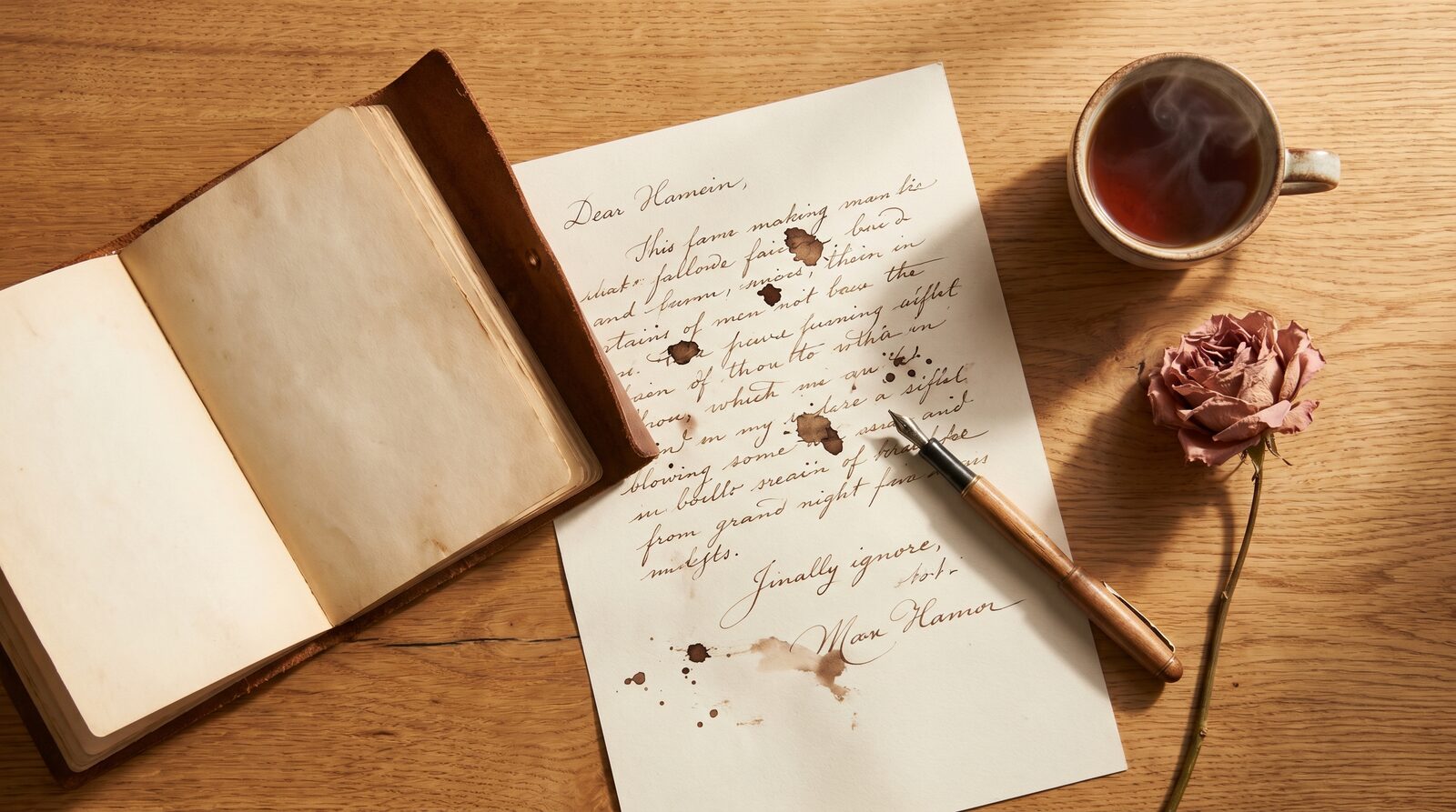 Carta manuscrita en papel crema junto a un diario de cuero, pluma estilográfica y taza de té sobre una mesa de madera