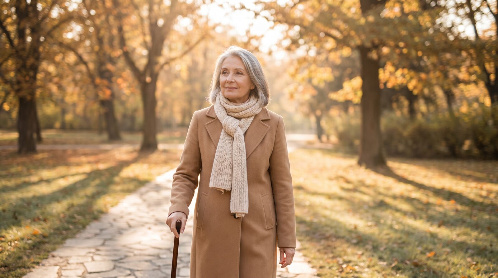 Mujer mayor caminando con bastón por un sendero de parque en otoño, luz dorada entre los árboles