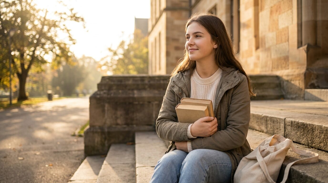 Joven estudiante sentada en los escalones de un edificio universitario al atardecer, abrazando unos libros con expresión serena