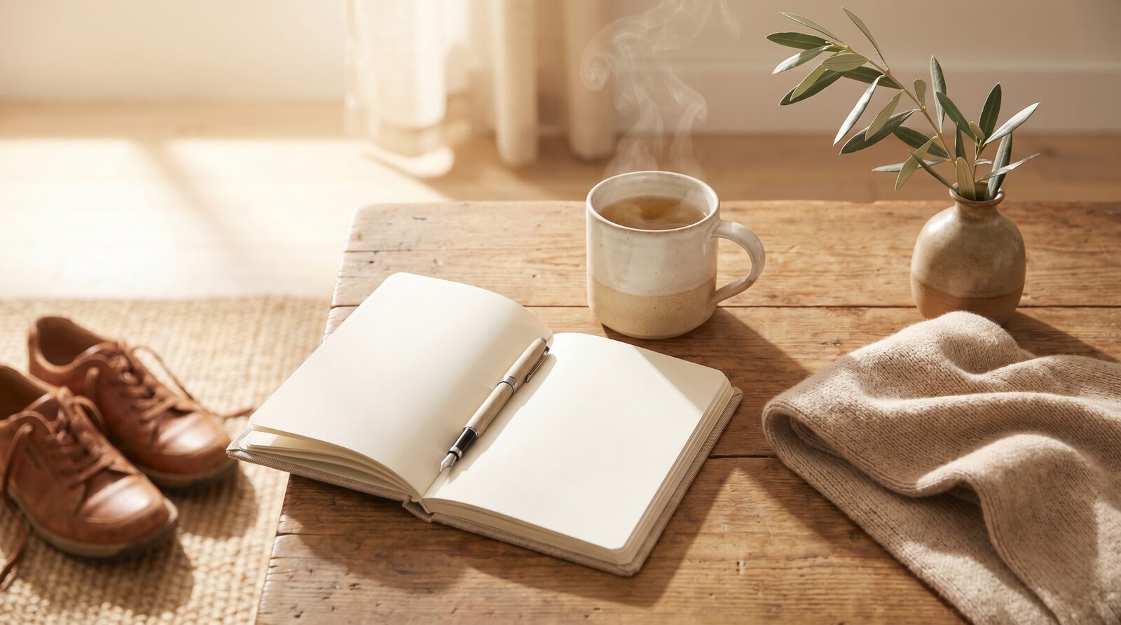 Bodegón cenital de una mañana tranquila: taza de infusión humeante, libreta abierta, bufanda beige y zapatillas sobre una mesa de madera