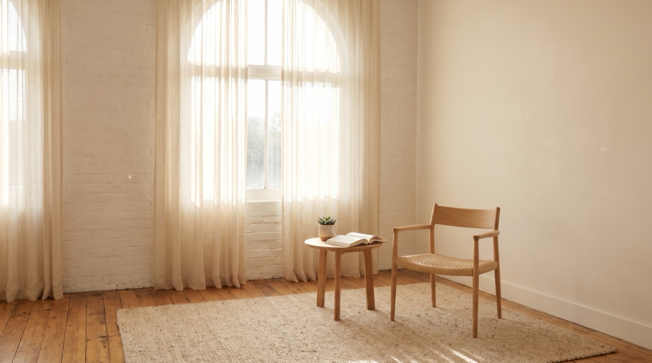 Sala serena con una silla junto a una mesa baja, preparada para la práctica personal
