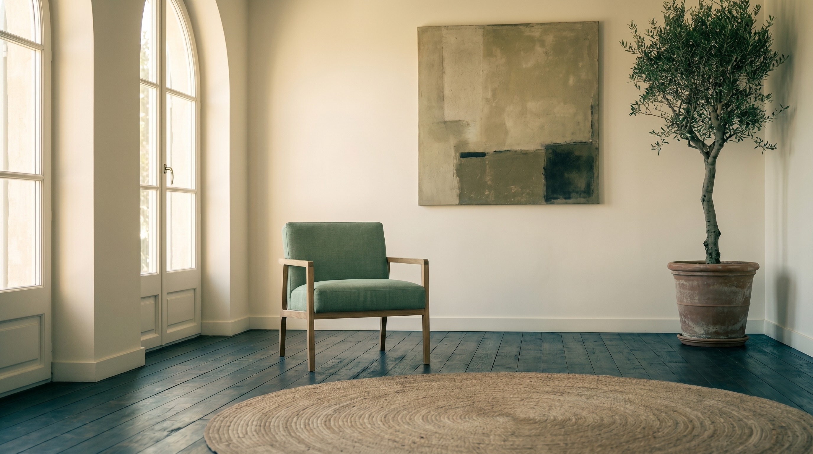 Sala diáfana con suelo de madera oscura, butaca verde junto a ventanal, alfombra circular de yute y olivo en maceta