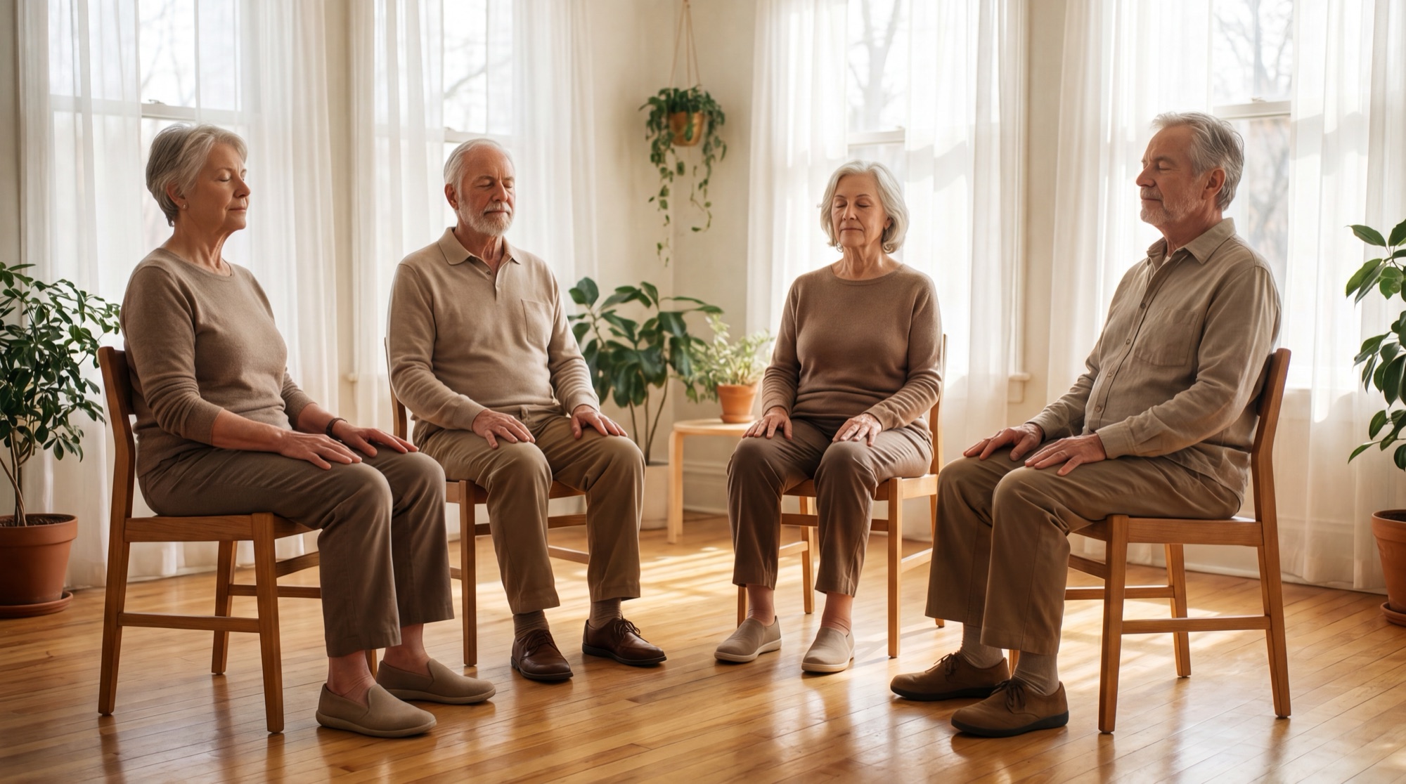 Grupo de personas mayores sentadas en sillas en semicírculo, con los ojos suavemente cerrados en una práctica de relajación sofrológica, sala luminosa con plantas