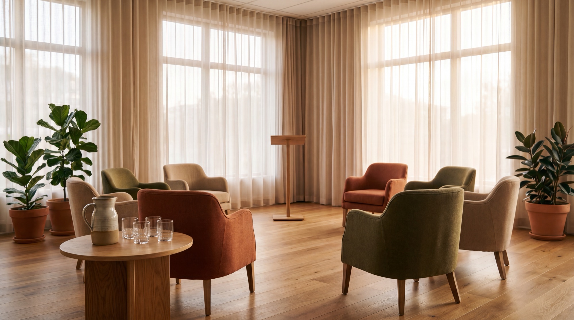 Sala de formación cálida y acogedora con sillones dispuestos en semicírculo, grandes ventanales con cortinas suaves, plantas y luz natural matinal
